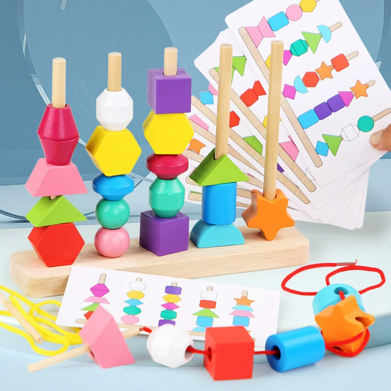 WonderTowers: Montessori 5-Column Geometric Stacking & Lacing Set