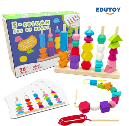 WonderTowers: Montessori 5-Column Geometric Stacking & Lacing Set