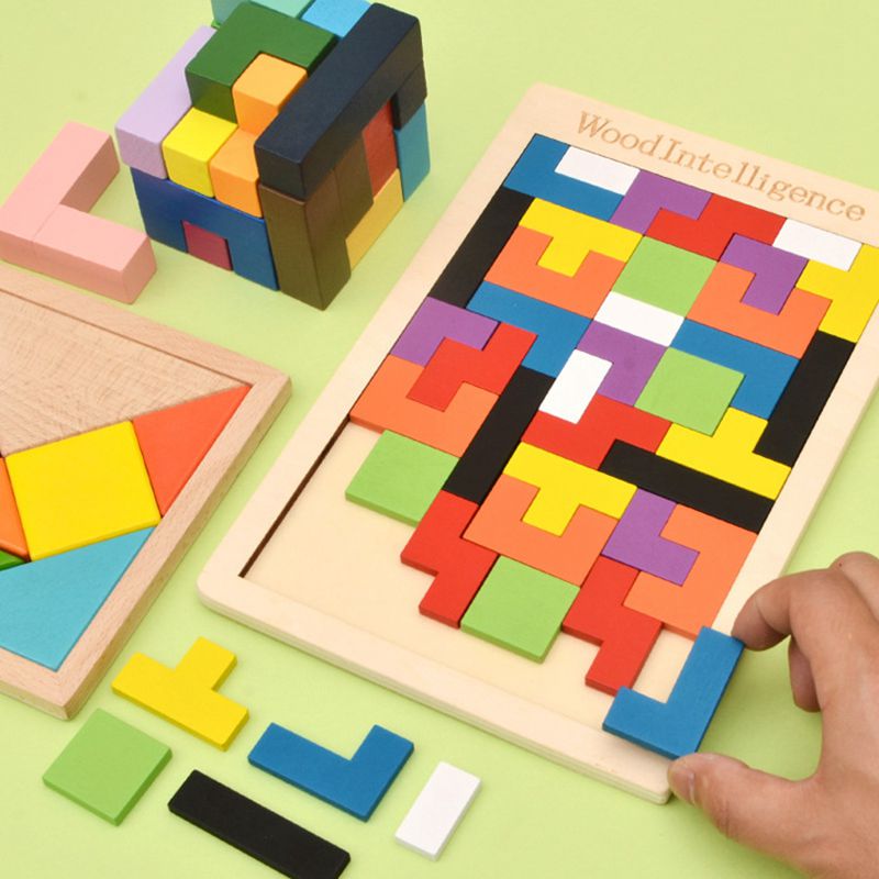 Rainbow Grid  Wooden Geometric Tangram Puzzle